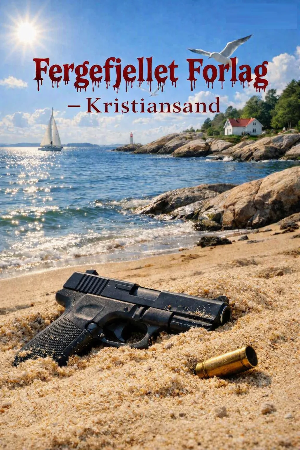 Fergefjellet Forlag – Kristiansand. Sørlandsidyll med sjø, seilbåt og måker, og en pistol i sanden.