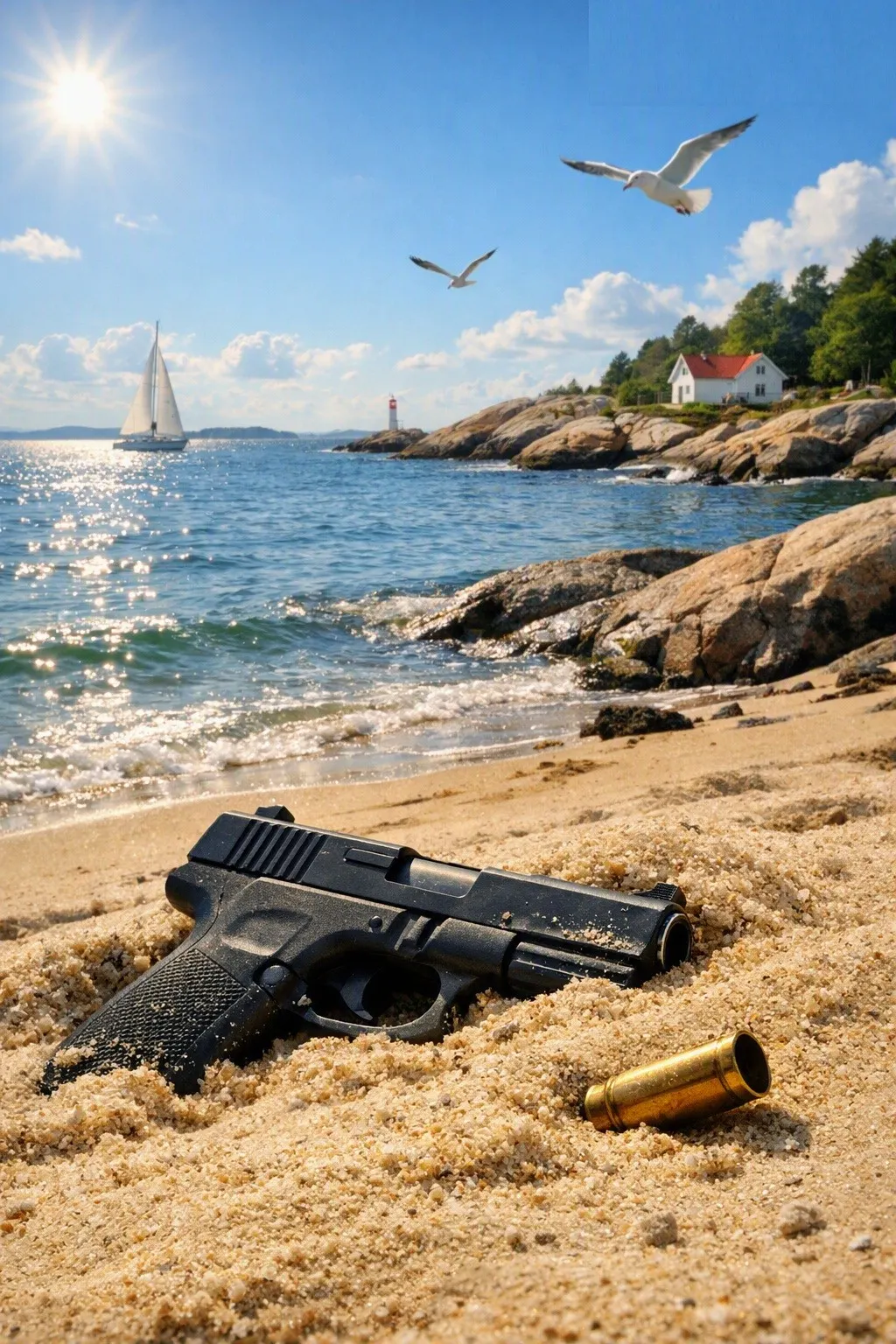 Sørlandsidyll med sjø, seilbåt og måker — og en pistol i sanden